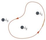 <strong>In the figure, there are three wires carrying currents in the indicated directions, and an Amperian loop.The sign of the contribution of the current in each wire to the path integral in Ampere's Law is: </strong> A)i<sub>1</sub> +, i<sub>2</sub> -, i<sub>3</sub> 0 B)i<sub>1</sub> -, i<sub>2</sub> +, i<sub>3</sub> 0 C)i<sub>1</sub> +, i<sub>2</sub> +, i<sub>3</sub> - D)i<sub>1</sub> -, i<sub>2</sub> -, i<sub>3</sub> + E)i<sub>1</sub> +, i<sub>2</sub> -, i<sub>3</sub> -