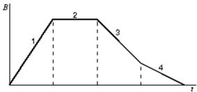 <strong>The graph shows the magnitude B of a uniform magnetic field that is perpendicular to the plane of a conducting loop.Rank the four regions indicated on the graph according to the magnitude of the emf induced in the loop, from least to greatest. </strong> A)1, 2, 3, 4 B)2, 4, 3, 1 C)4, 3, 1, 2 D)1, 3, 4, 2 E)4, 3, 2, 1