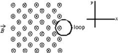 <strong>A circular loop of wire is positioned half in and half out of a square region of constant uniform magnetic field directed into the page, as shown.To induce a clockwise current in this loop: </strong> A)move it in +x direction B)move it in +y direction C)move it in -x direction D)move it in -y direction E)increase the strength of the magnetic field