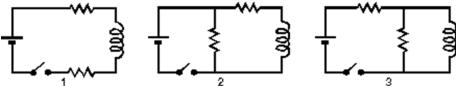 <strong>The diagrams show three circuits with identical batteries, identical inductors, and identical resistors.Rank them according to the current through the battery just after the switch is closed, from least to greatest. </strong> A)3, 2, 1 B)2 and 3 tie, then 1 C)1, 3, 2 D)1, 2, 3 E)2, 3, 1