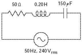 <strong>The impedance of the circuit shown is: </strong> A)21 \Omega B)50 \Omega C)63 \Omega D)65 \Omega E)98 \Omega
