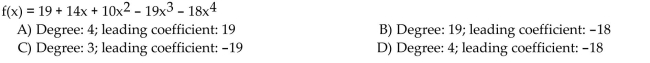 State the degree and leading coefficient of the polynomial function.