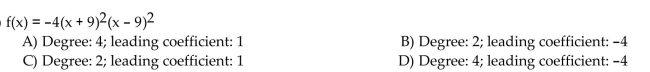 State the degree and leading coefficient of the polynomial function.