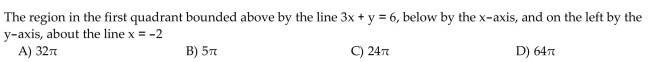 Find the volume of the solid generated by revolving the region about the given line.