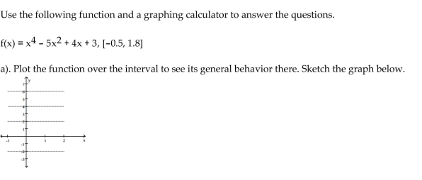 Answer the problem. b). Find the interior points where f = 0 (you may need to use the numerical equation solver to approximate a solution). You may wish to plot f as well. List the points as ordered pairs (x, y). c). Find the interior points where f does not exist. List the points as ordered pairs (x, y). d). Evaluate the function at the endpoints and list these points as ordered pairs (x, y). e). Find the function's absolute extreme values on the interval and identify where they occur.