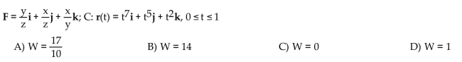 Find the work done by F over the curve in the direction of increasing t.