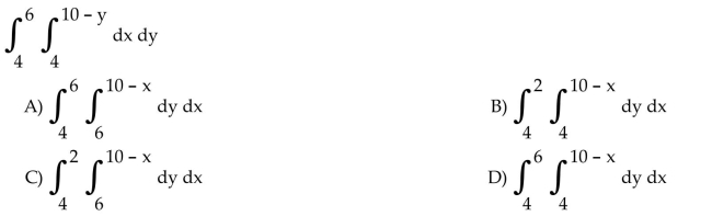 Write an equivalent double integral with the order of integration reversed.