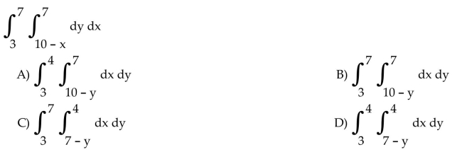 Write an equivalent double integral with the order of integration reversed.