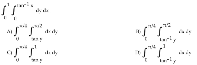 Write an equivalent double integral with the order of integration reversed.