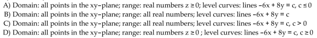 Find the domain and range and describe the level curves for the function f(x,y). f(x, y) = -6x + 8y