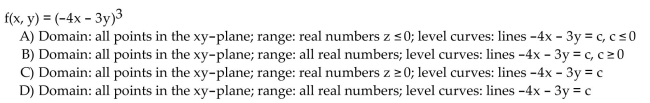 Find the domain and range and describe the level curves for the function f(x,y).