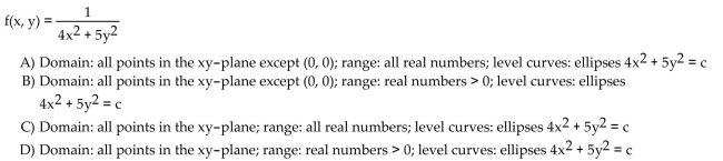 Find the domain and range and describe the level curves for the function f(x,y).