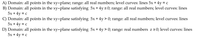Find the domain and range and describe the level curves for the function f(x,y). f(x, y) = ln (5x + 4y)