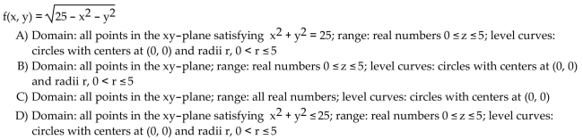 Find the domain and range and describe the level curves for the function f(x,y).