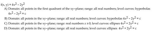 Find the domain and range and describe the level curves for the function f(x,y).