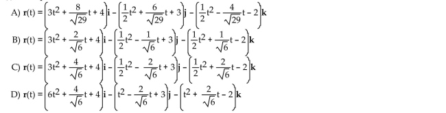 Solve the problem. At time t = 0 a particle is located at the point (4, -3, 2). It travels in a straight line to the point (6, -2, 1), has speed 2 at (4, -3, 2) and constant acceleration 6i - j - k. Find an equation for the position vector r(t) of the particle at time t.