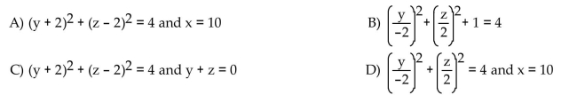 Describe the given set of points with a single equation or with a pair of equations. The circle of radius 2 centered at the point (10, -2, 2) and lying in a plane perpendicular to the x-axis