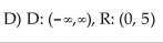 <strong>Find the domain and range of the function.  </strong> A) D: (-5,5), R: (-5,5)   C) D: [-5,5], R: [0,5]   <div style=padding-top: 35px> 