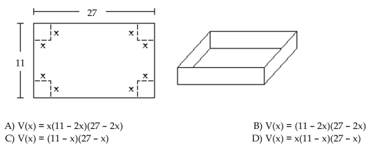 Solve the problem. A box with an open top is to be constructed from a rectangular piece of cardboard with dimensions 11 inches by 27 inches by cutting out equal squares of side x at each corner and then folding up the sides as in the figure. Express the volume V of the box as a function of x.