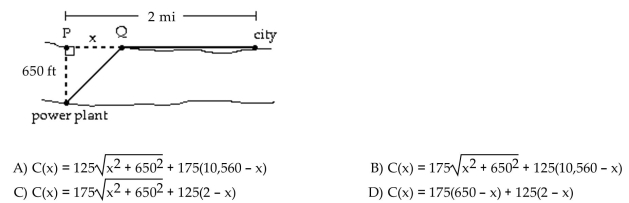 Solve the problem. A power plant is located on a river that is 650 feet wide. To lay a new cable from the plant to a location in a city 2 miles downstream on the opposite side costs $175 per foot across the river and $125 per foot along the land. Suppose that the cable goes from the plant to a point Q on the opposite side that is x feet from the point P Directly opposite the plant. Write a function C(x) that gives the cost of laying the cable in terms of the distance x.
