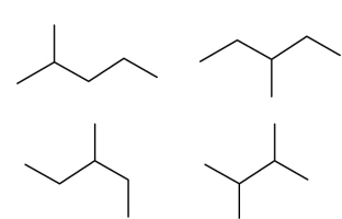 <strong>Which two of these four structures are of the same structural isomer? </strong> A)upper right and lower left B)upper left and lower right C)lower left and upper right D)lower right and upper right