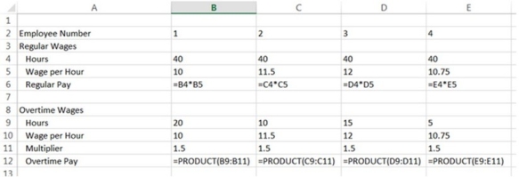 <strong>A manager prepared a spreadsheet to calculate employee wages. After pressing Ctrl+~, the formula view (shown below) appeared. What issues should be addressed on this spreadsheet? </strong> A) Data should be entered only once. B) Simple formulas should be used rather than complex Excel functions. C) Absolute references should be used. D) Data should be entered only once and simple formulas should be used rather than complex Excel functions only. E) Data should be entered only once, simple formulas should be used rather than complex Excel functions and absolute references should be used.