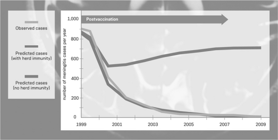 The graph below illustrates the predicted number of meningitis cases with or without herd immunity after the initiation of the meningitis vaccination program in the United Kingdom in 1999.Write a short paragraph comparing the observed number of cases to the predicted number of cases.Assess the predictive value of the model used to generate the graph and how this relates to the prediction of the number of cases that would exist without herd immunity.