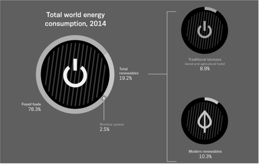 Two students are debating whether switching energy production from fossil fuels to traditional biomass would reduce carbon dioxide emissions.Explain the role of photosynthesis in storing carbon dioxide in these two energy sources.What is the total energy consumption shown for these two energy sources?