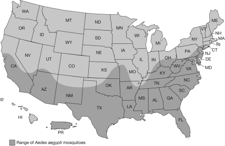 <strong>Which of the following is a true statement based on the map shown below?  </strong> A) The population density of Aedes aegypti mosquitoes is highest in the Southeast United States. B) Northern states are not within the range of Aedes aegypti mosquitoes. C) Southern states are affected by Zika virus. D) The population size of Aedes aegypti mosquitoes is 1.5 million in the United States. <div style=padding-top: 35px> 