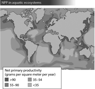 <strong>The figure below shows the net primary productivity (NPP)in marine biomes around the world with the darkest areas being the most productive.The pattern of NPP in marine ecosystems as shown suggests that </strong> A) marine productivity is as sensitive to temperature as terrestrial productivity. B) without shade from overhead vegetation, marine productivity typically exceeds that found in terrestrial ecosystems. C) marine ecosystems are also limited by sunlight, with the highest productivity at the equator. D) most marine productivity results from the input of terrestrially derived nutrients.