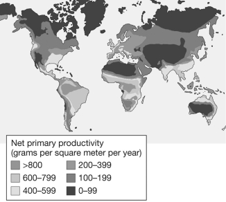 <strong>As shown in the figure below,the net primary productivity (NPP)in terrestrial biomes around the world is greatest in areas near the Equator that also receive high amounts of yearly rainfall.This pattern of NPP in terrestrial ecosystems suggests that </strong> A) terrestrial productivity is highly sensitive to temperature and available sunlight. B) without shade from overhead vegetation, marine productivity typically exceeds that found in terrestrial ecosystems. C) neither sunlight nor temperature limits terrestrial ecosystems. D) most terrestrial productivity results from the input of marine-derived nutrients.