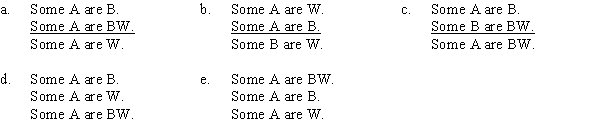 PART A Some Americans are blond women, since some Americans are blond, and some Americans are women. Which of the following is a correct symbolization of this argument? PART B Which of the following substitutions proves the argument invalid? A) A = apples, B = red, W = fruits. B) A = fruits, B = green, W = apples. C) A = lemons, B = purple, W = fruits. D) A = fruits, B = yellow, W = lemons. E) A = fruits, B = purple, W = lemons.