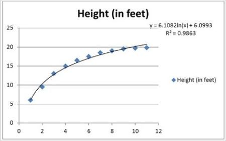 <strong>The following data, with the corresponding scatterplot, show the average growth rate of Weeping Higan cherry trees planted in Washington, DC. At the time of planting, the trees were one year old and were all six feet in height. If the age of a tree increases by 1%, then its predicted height increases by approximately ________.</strong> A) 6.1082% B) 0.06108% C) 6.1082 feet D) 0.061082 feet