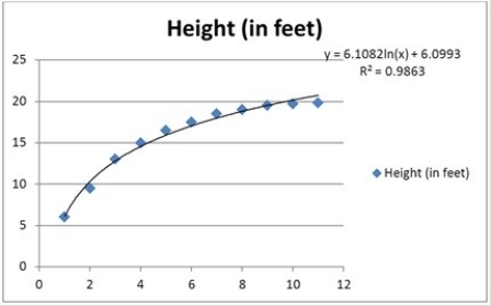 <strong>The following data, with the corresponding Excel scatterplot, show the average growth rate of Weeping Higan cherry trees planted in Washington, DC. At the time of planting, the trees were one year old and were all six feet in height. If a cherry tree is planted as a one-year-old and six-foot-tall tree, which of the following is the estimated time needed by the tree to reach 16.5 feet in height?</strong> A) About 4 years B) About 4.5 years C) About 5 years D) About 5.5 years