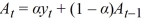 <strong>In the exponential smoothing formula for updating the level of the series, , what does α represent?</strong> A) The weighted average of the exponentially declining weights. B) The speed of decline in the weights of older observations. C) The initial value of the time series. D) The last value of the time series.