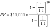 <strong>You win the lottery, which pays $1 million in 20 annual $50,000 payments. Your friends ask how much that would be if you received a single lump sum payment today. You do not have your calculator, but you show them which of the following equations to help them solve it themselves, assuming the interest rate is 10 percent?</strong> A) B) C) (50,000 * 20)/1.1 D) E) PV=$1,000,000/1.10