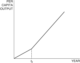 <strong>Figure 6.1: Romer Model: Per Capita Output In the Romer model in Figure 6.1, at time t<sub>0</sub>, a change in the growth rate of per capita output can be explained by a(n):</strong> A) decrease in the ideas efficiency parameter. B) increase in the population. C) increase in the share of labor engaged in research. D) increase in the saving rate. E) decrease in the population.