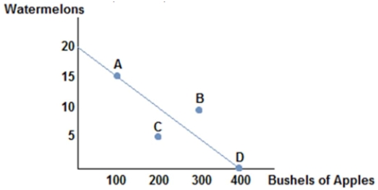 <strong> Consider the production possibilities frontier displayed in the figure shown. The opportunity cost of a bushel of apples is:</strong> A) 3/20 watermelons. B) 1/20 watermelons. C) 1/40 watermelons. D) 1/30 watermelons.