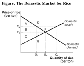 Use the following to answer question -(Figure: The Domestic Market for Rice)Use Figure: The Domestic Market for Rice.Assume that P<sub>A</sub> is the autarky price and P<sub>W</sub> is the world price.After international trade,this nation will _____ a quantity of rice equal to _____.