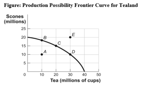 Use the following to answer question: -(Figure: Production Possibility Frontier for Tealand)Use Figure: Production Possibility Frontier for Tealand.Tealand is producing at point C on its production possibility frontier.What is the opportunity cost of increasing the production of tea from 20 million cups to 30 million cups?