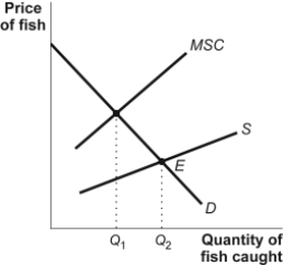 (Figure: Marginal Social Cost and Supply)Use Figure: Marginal Social Cost and Supply.The marginal social cost curve lies above the supply curve: Figure: Marginal Social Cost and Supply