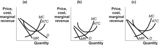 Use the following to answer question: Figure: Monopolistic Competition II -(Figure: Monopolistic Competition II)Use Figure: Monopolistic Competition II.Which panel(s)in the figure show(s)a monopolistic competitor producing where price is greater than marginal revenue?