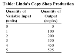 (Table: Linda's Copy Shop Production)Use Table: Linda's Copy Shop Production.Linda's production runs into diminishing returns to her variable inputs when she employs the _____ unit.