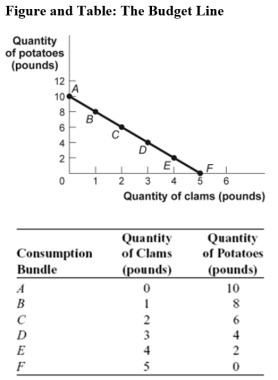<strong>Use the following to answer question: (Figure and Table: The Budget Line)Use Figure and Table: The Budget Line.A(n)_____ in the price of potatoes would rotate the budget line,changing the intercept on the _____ axis and moving it _____ the origin.</strong> A)increase;horizontal;away from B)decrease;horizontal;toward C)increase;vertical;toward D)decrease;vertical;toward