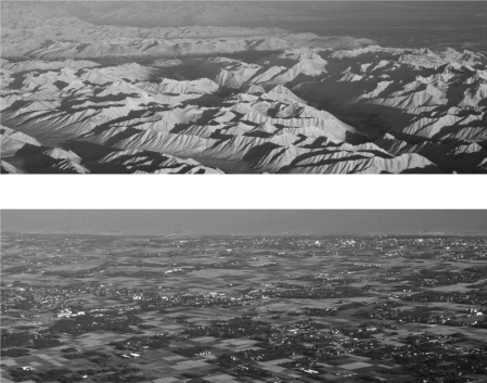 <strong>Examine the photos below.The first is of a mountainous region in Alaska and the second is of a plain in Ontario.Which of the following statements is true regarding these photos? </strong> A) Both locations have low relief. B) Both locations have high relief. C) The mountainous region in Alaska has low relief. D) The plains of Ontario have low relief.