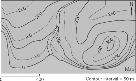<strong>What is the relief of the land surface in the topographic map below? </strong> A) 50 m B) 100 m C) 300 m D) 400m