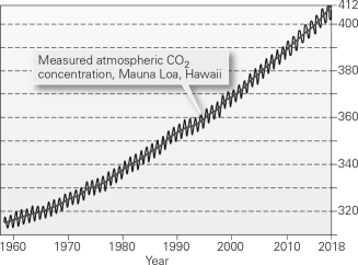 <strong>According to the figure below,how much has atmospheric carbon dioxide (CO<sub>2</sub>)increased in parts per million (ppm)in approximately the last 50 years? </strong> A) from about 310 to 320 ppm B) from about 360 to 400 ppm C) from about 320 to 400 ppm D) from about 380 to 400 ppm