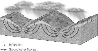 On the image below,identify the regions of discharge and recharge,and label the water table.Then draw arrows showing the flow of groundwater.