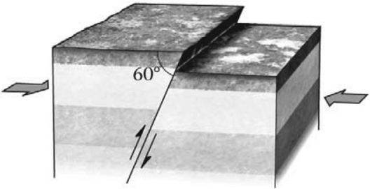 <strong>During an earthquake,if the hanging wall slides upward relative to the footwall,the fault is termed a ________ fault if the fault is steep (closer to vertical than horizontal).Refer to the figure below for an example of such a feature. </strong> A) normal B) reverse C) strike-slip D) thrust
