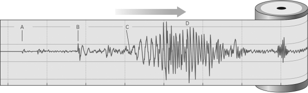 <strong>Look at the figure below.Which letter corresponds to the S-wave arrival time? </strong> A) A B) B C) C D) D